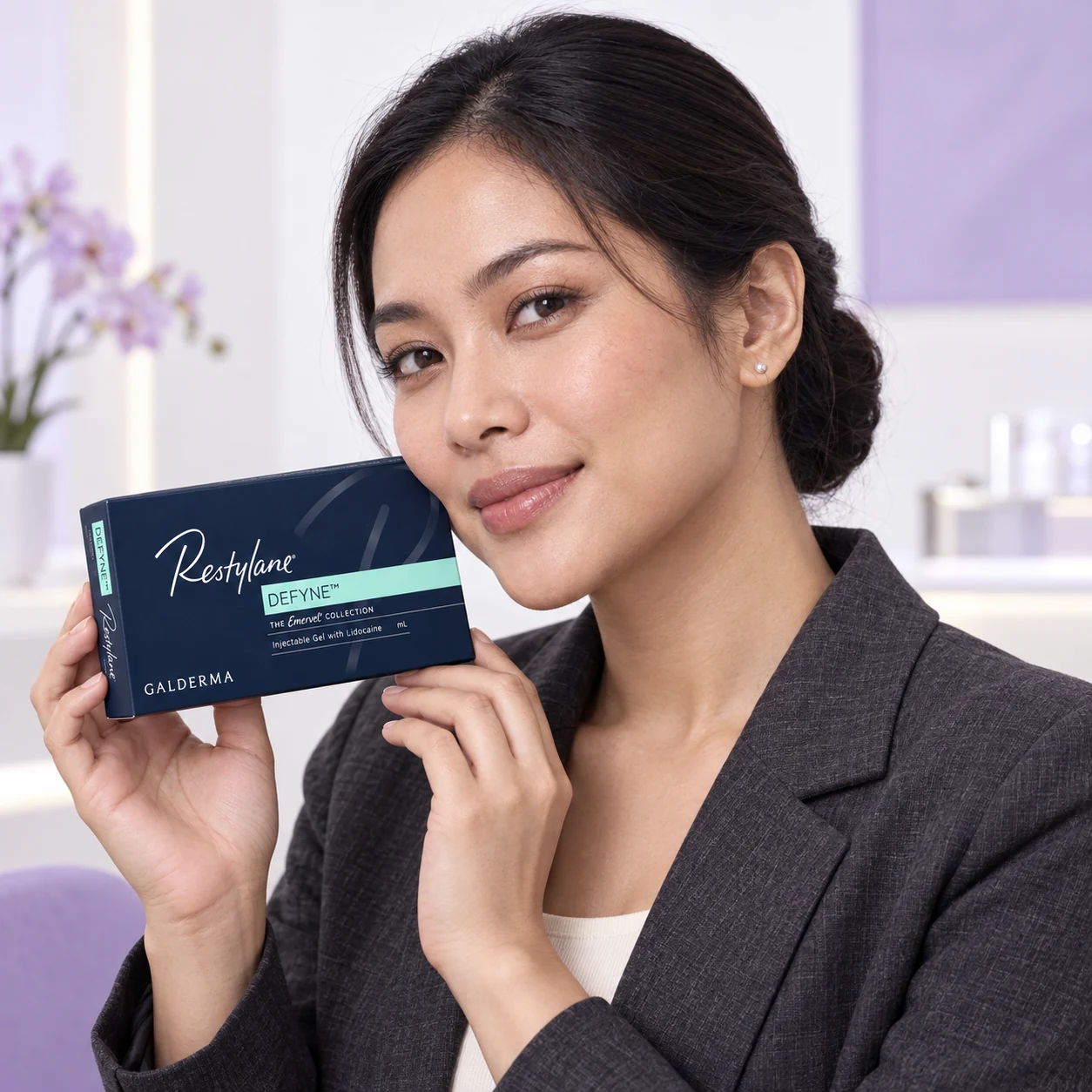 另一位成年模特手持 Restylane 产品展示品