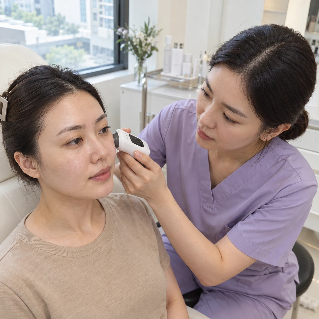 Clinician assessing an adult patient’s skin quality and hydration