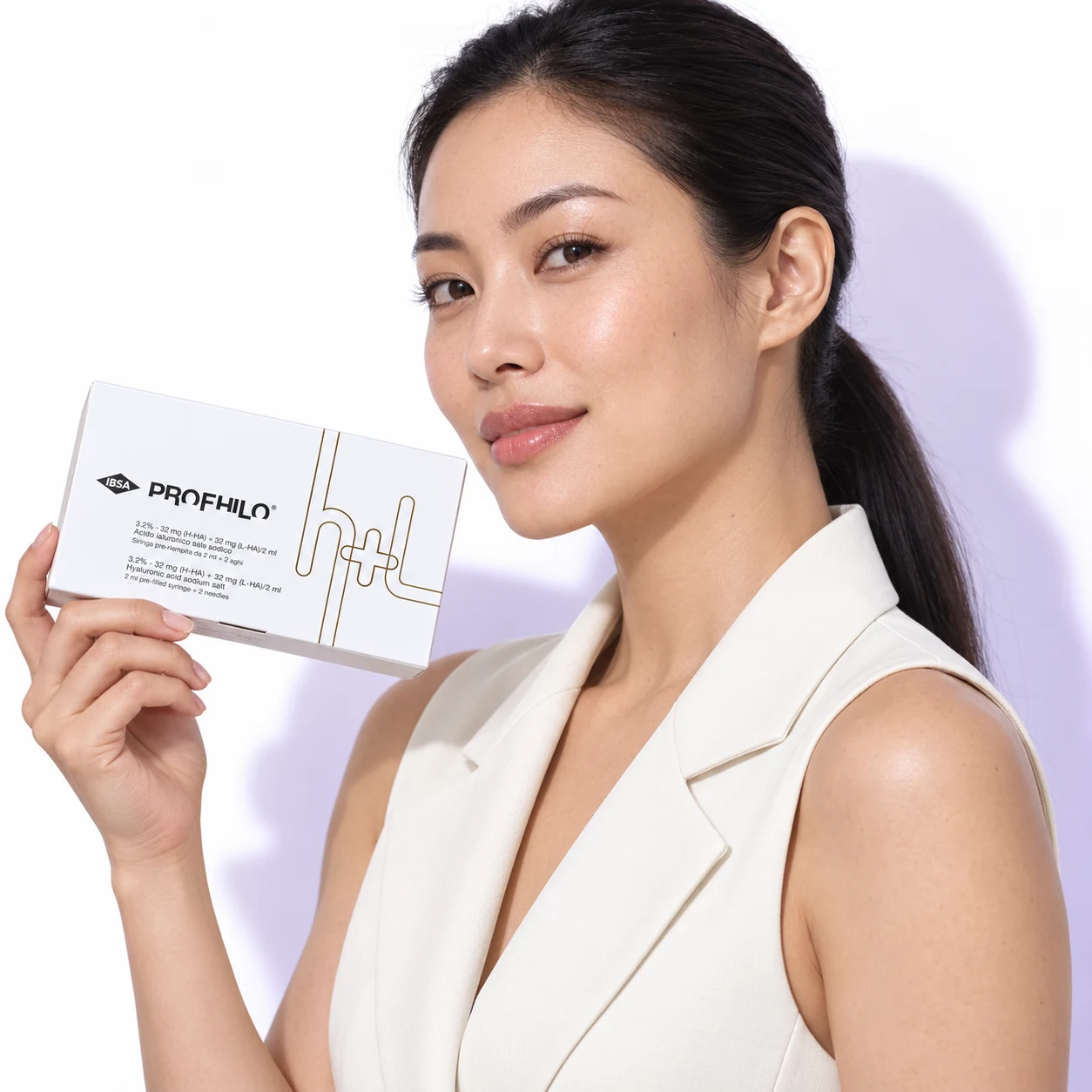 A different adult model holding original Profhilo packaging