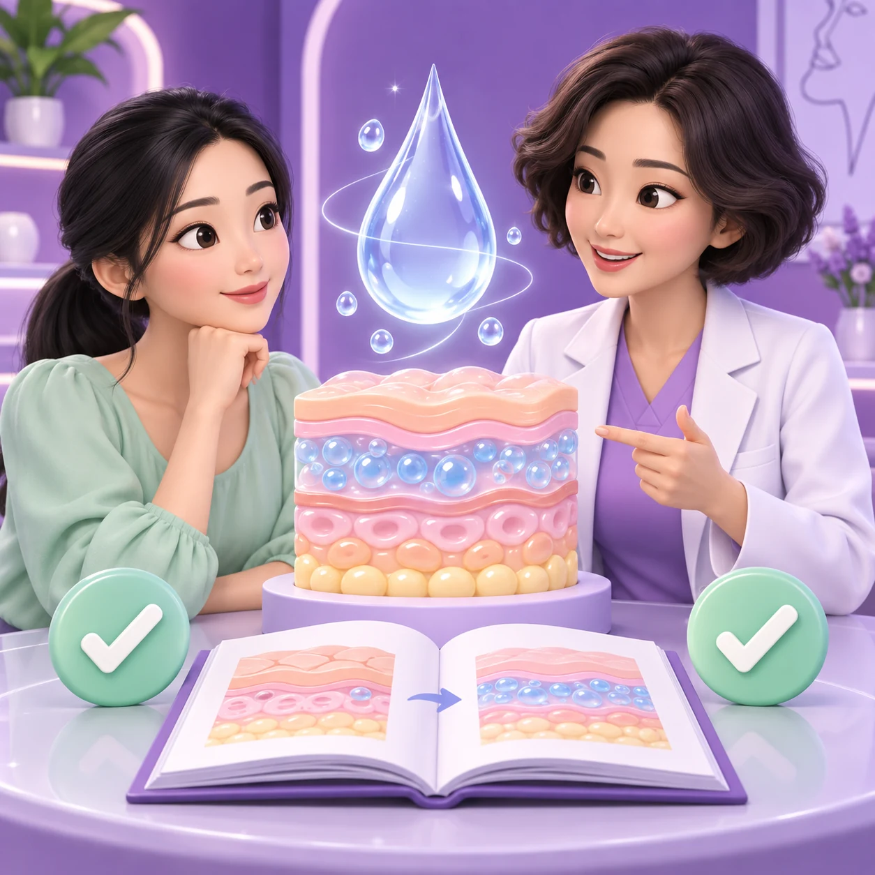 3D cartoon of an adult patient and clinician learning about Profhilo