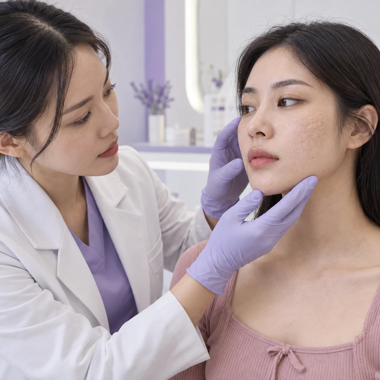 Clinician assessing an adult patient’s skin quality and hydration