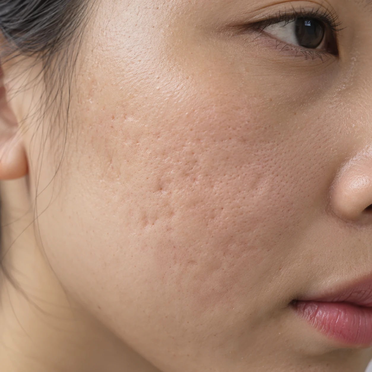 Close-up of shallow acne marks