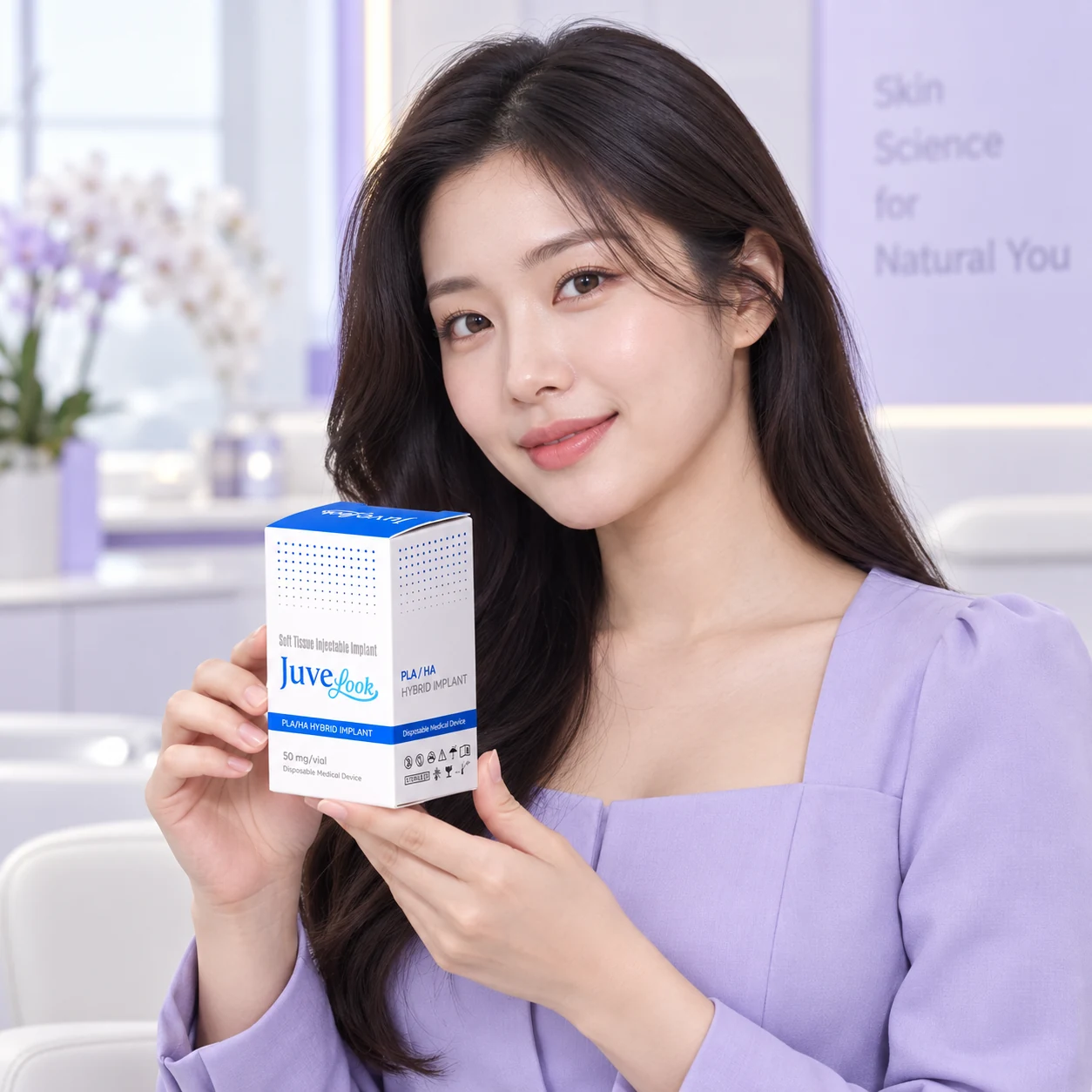 Adult model presenting Juvelook packaging
