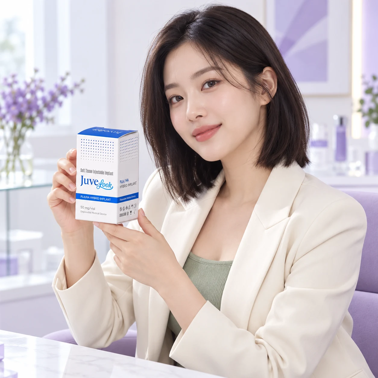 A different adult model holding Juvelook packaging