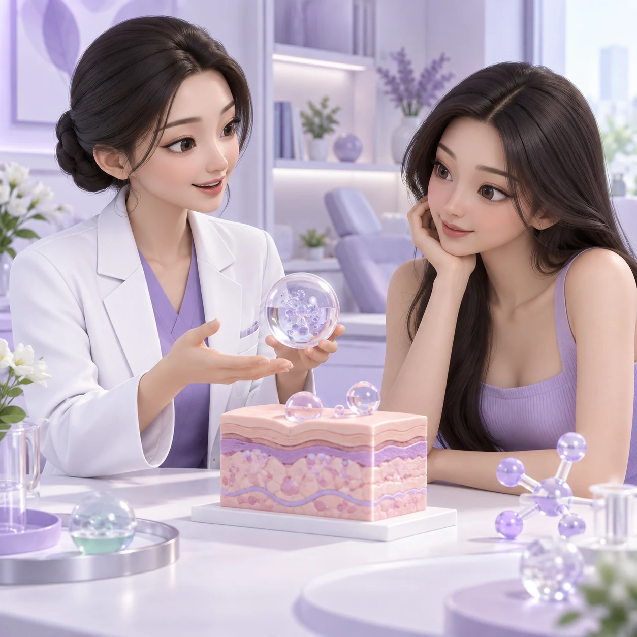 Ilustrasi 3D pelanggan dewasa dan doktor mempelajari Plinest