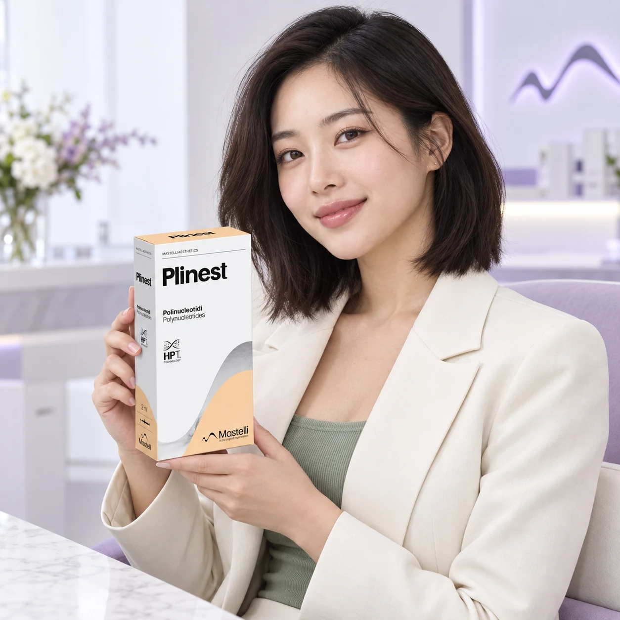 Model dewasa lain memegang pembungkusan Plinest