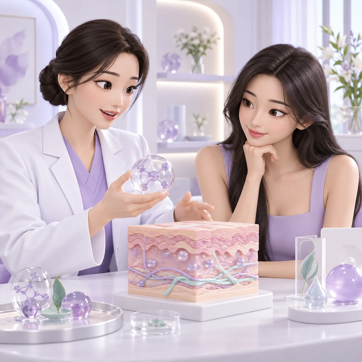 成年顾客与医生学习Rejuran Healer重点的 3D 图
