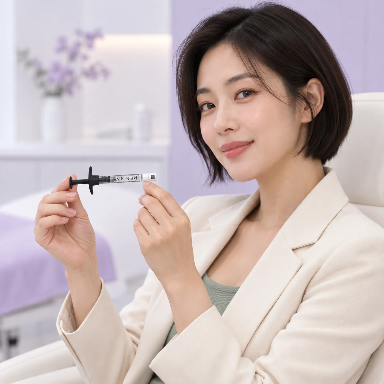 另一位成年模特手持 Rejuran Healer 带盖注射器