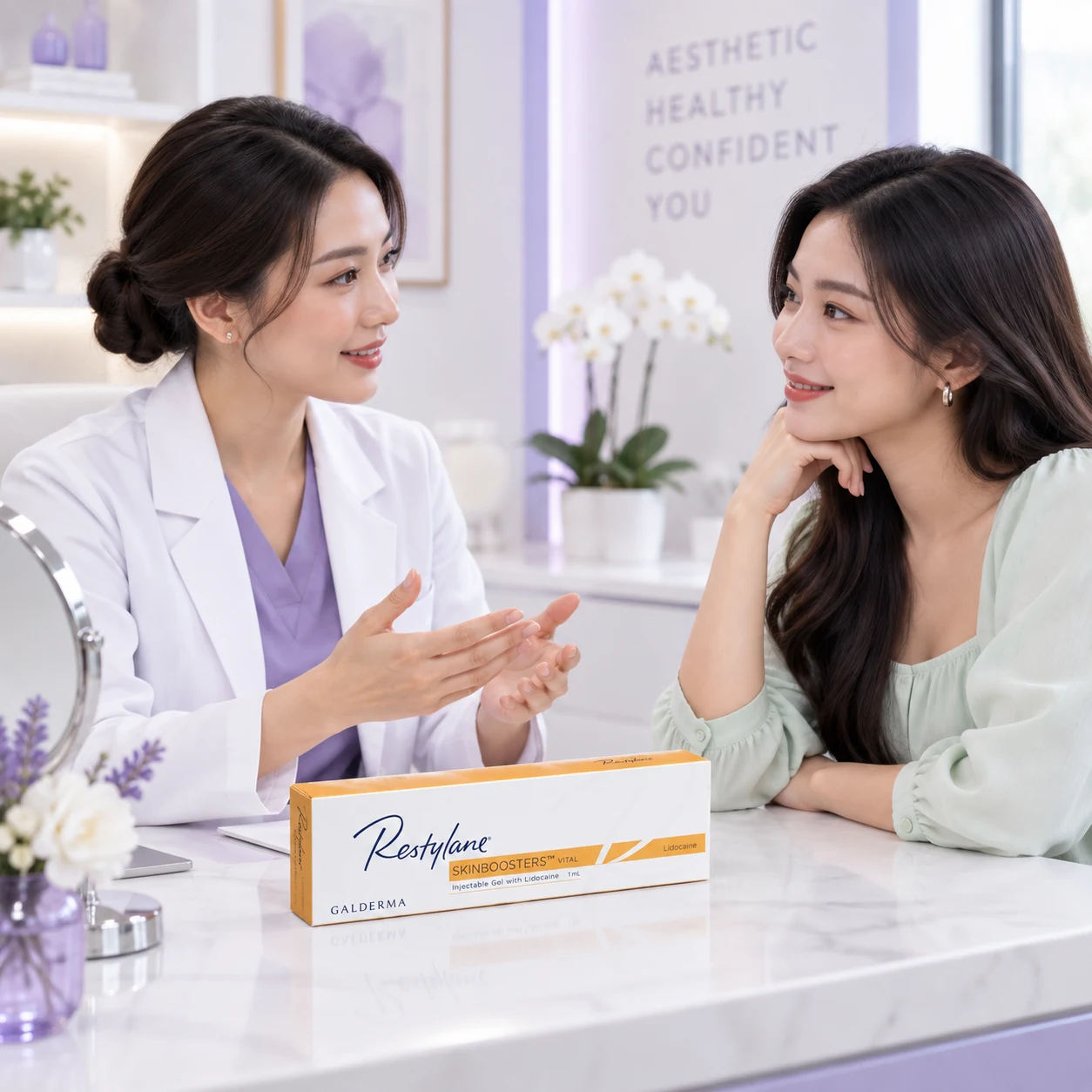 Pelanggan dewasa berbincang tentang konsultasi Restylane Skinboosters dan susulan di Eco Botanic