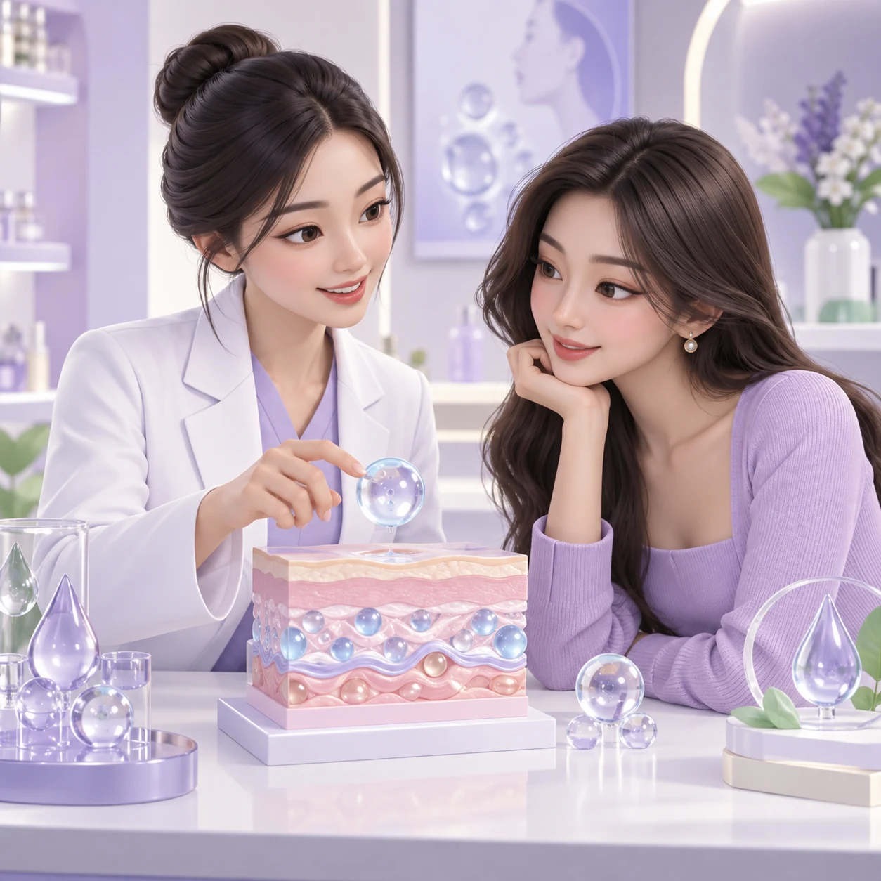 Ilustrasi 3D pelanggan dewasa dan doktor mempelajari Restylane Skinboosters
