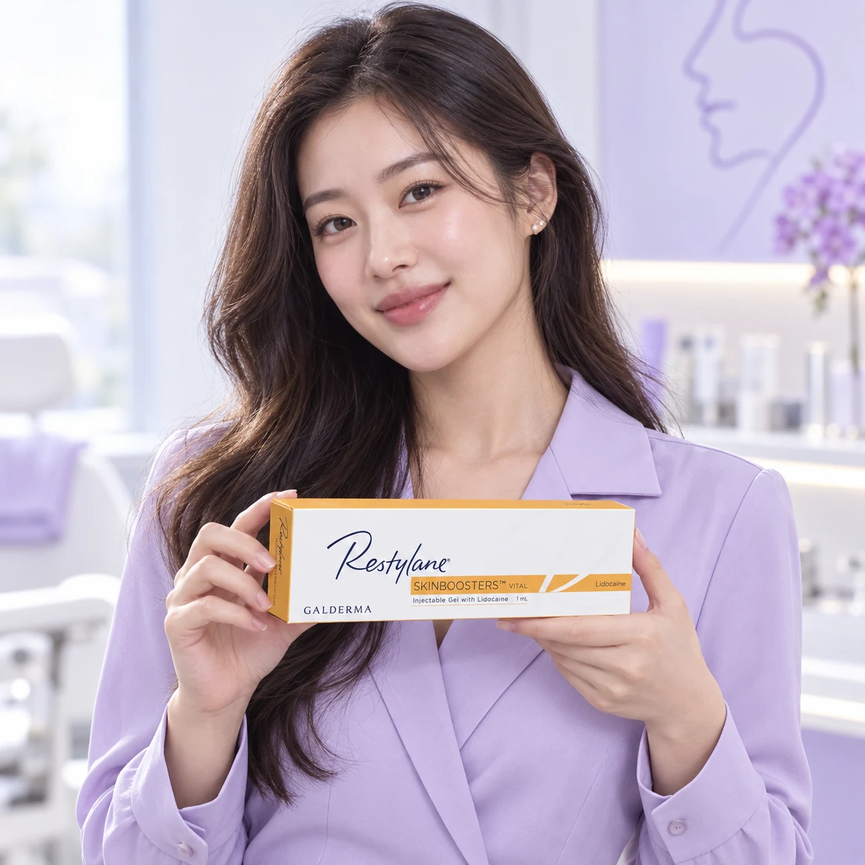 Model dewasa menunjukkan pembungkusan Restylane Skinboosters
