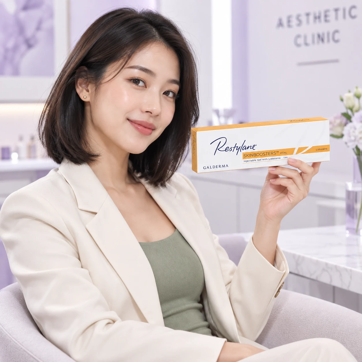 Model dewasa lain memegang pembungkusan Restylane Skinboosters