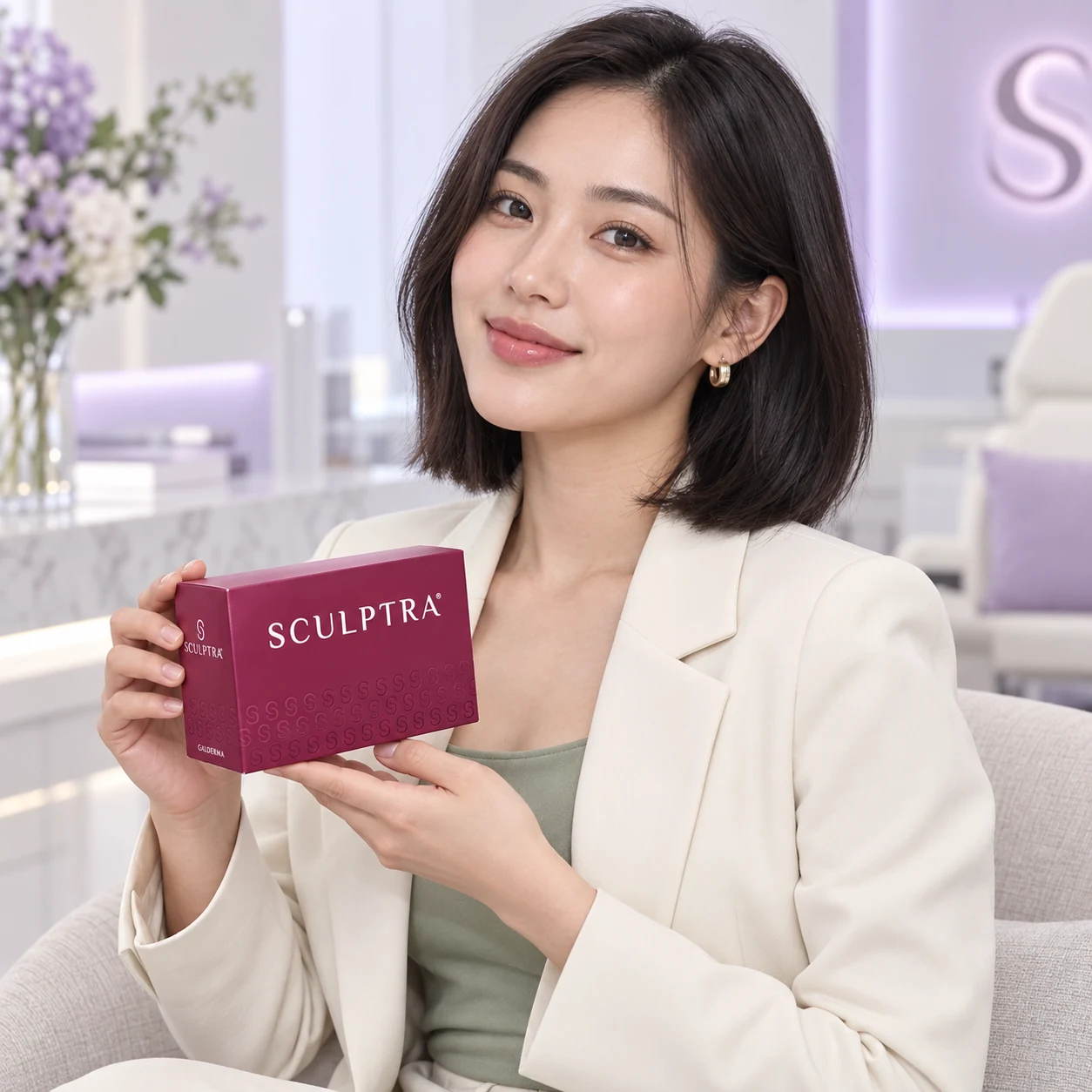 A different adult model holding Sculptra packaging