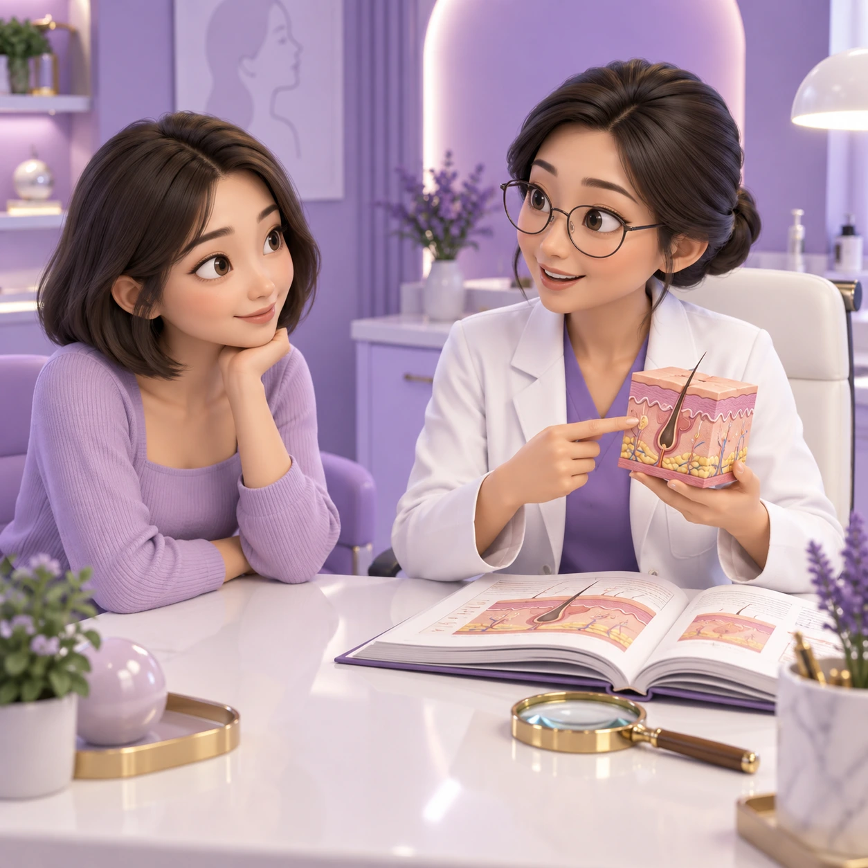 Kartun 3D pesakit dewasa dan doktor mempelajari Jalupro Super Hydro