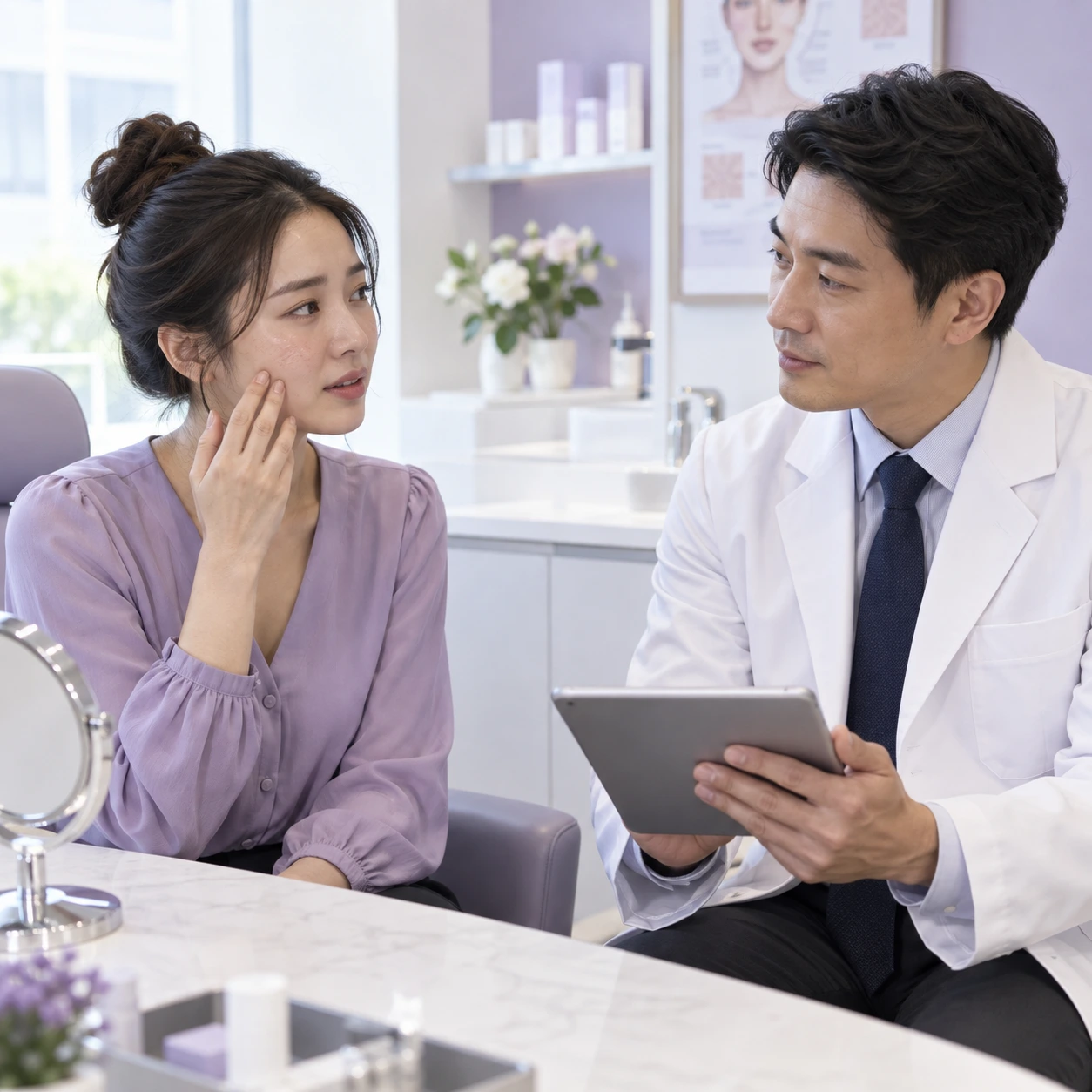 Clinician discussing NCTF 135 HA and an adult patient’s skin texture concern