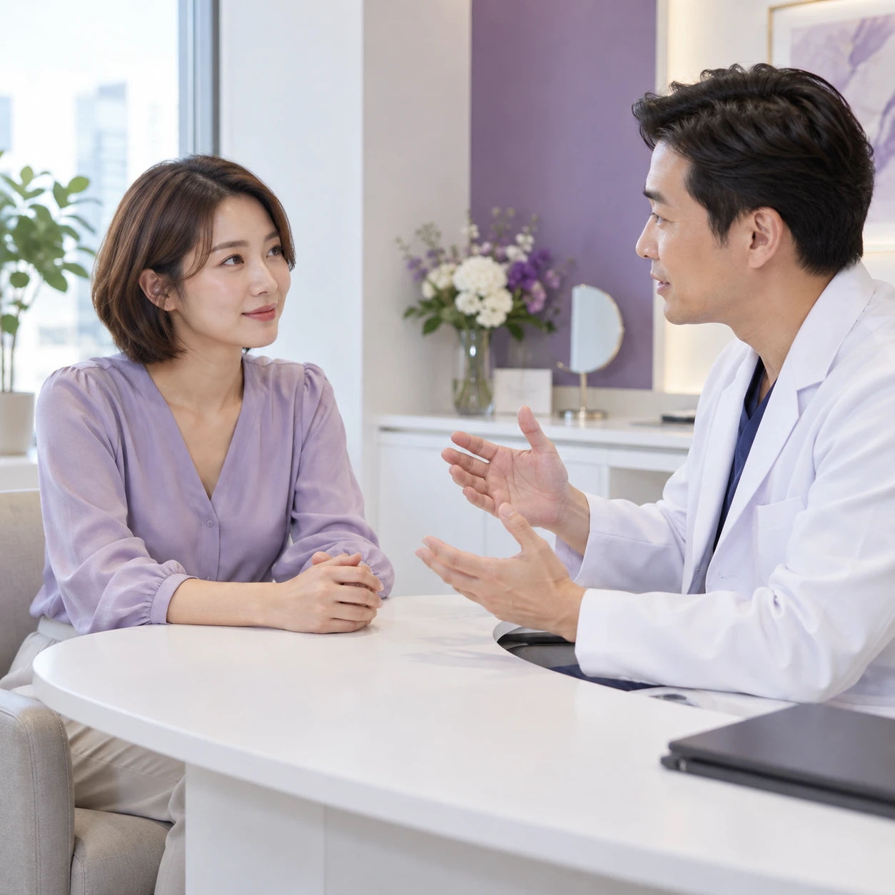 Adult patient discussing Radiesse consultation and follow-up at Eco Botanic