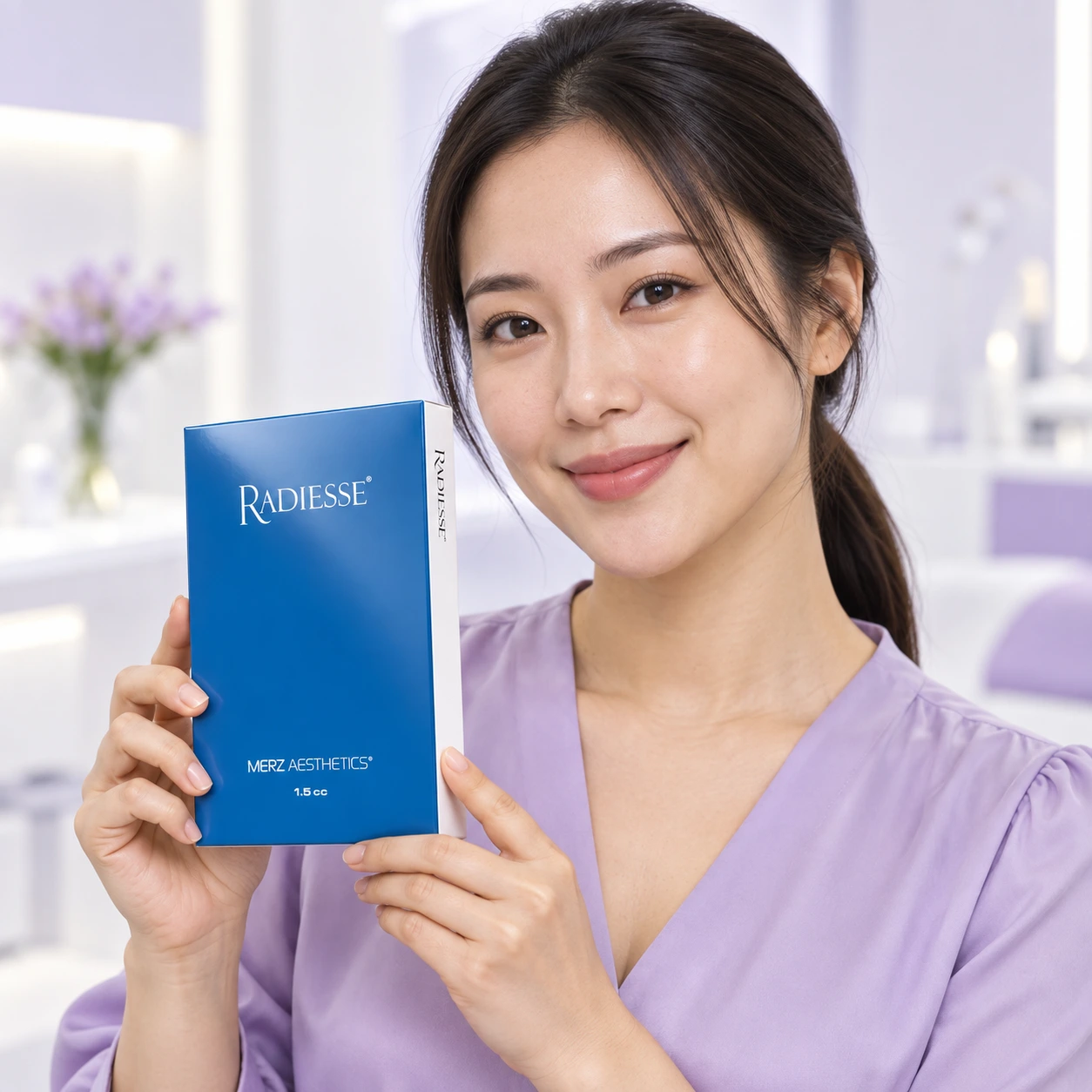 Adult model presenting Radiesse packaging