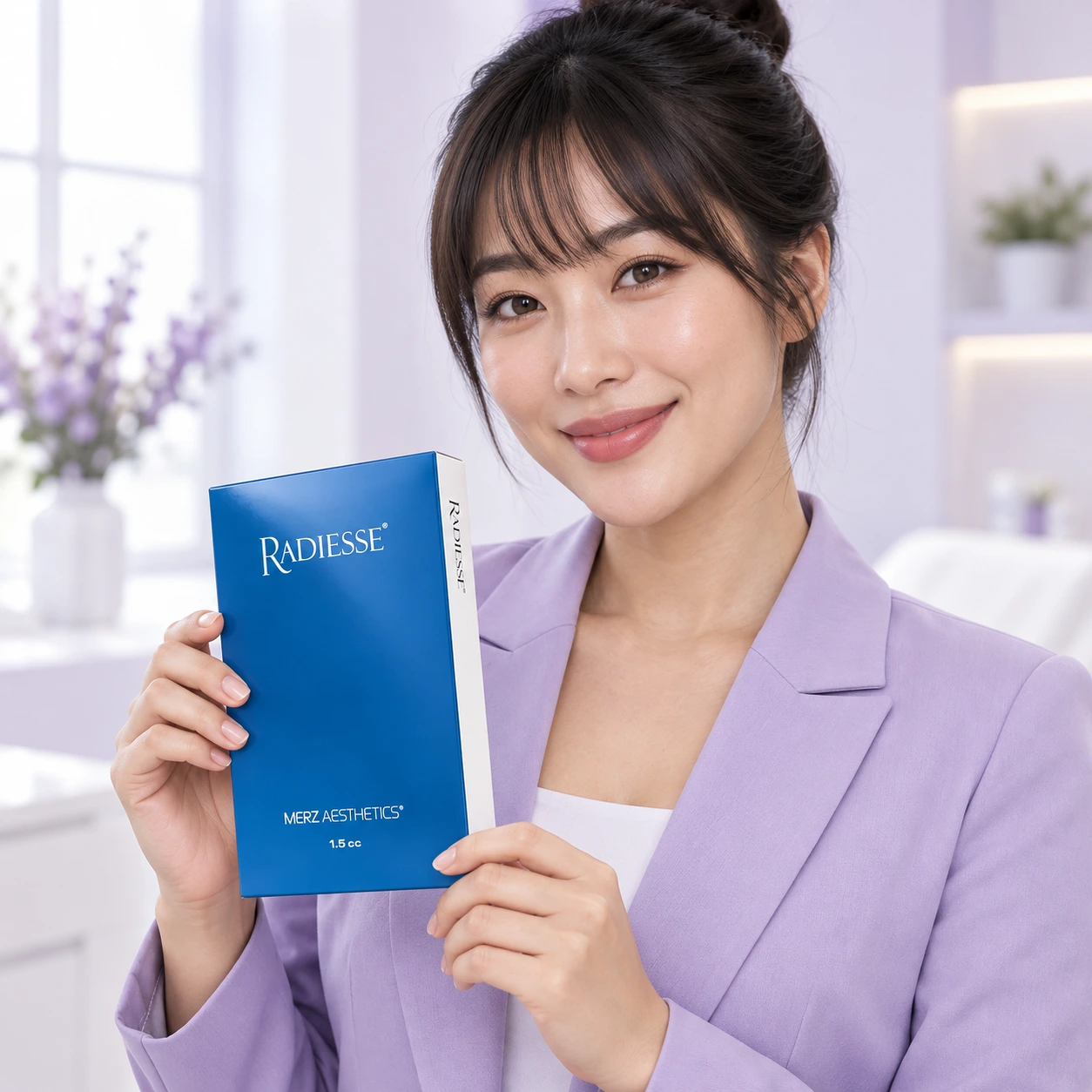 A different adult model holding Radiesse packaging