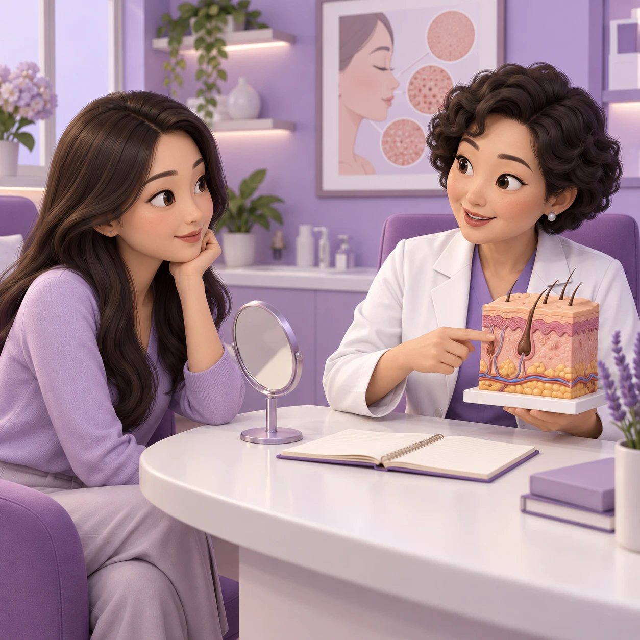 Ilustrasi 3D pelanggan dewasa dan doktor mempelajari Belotero Revive