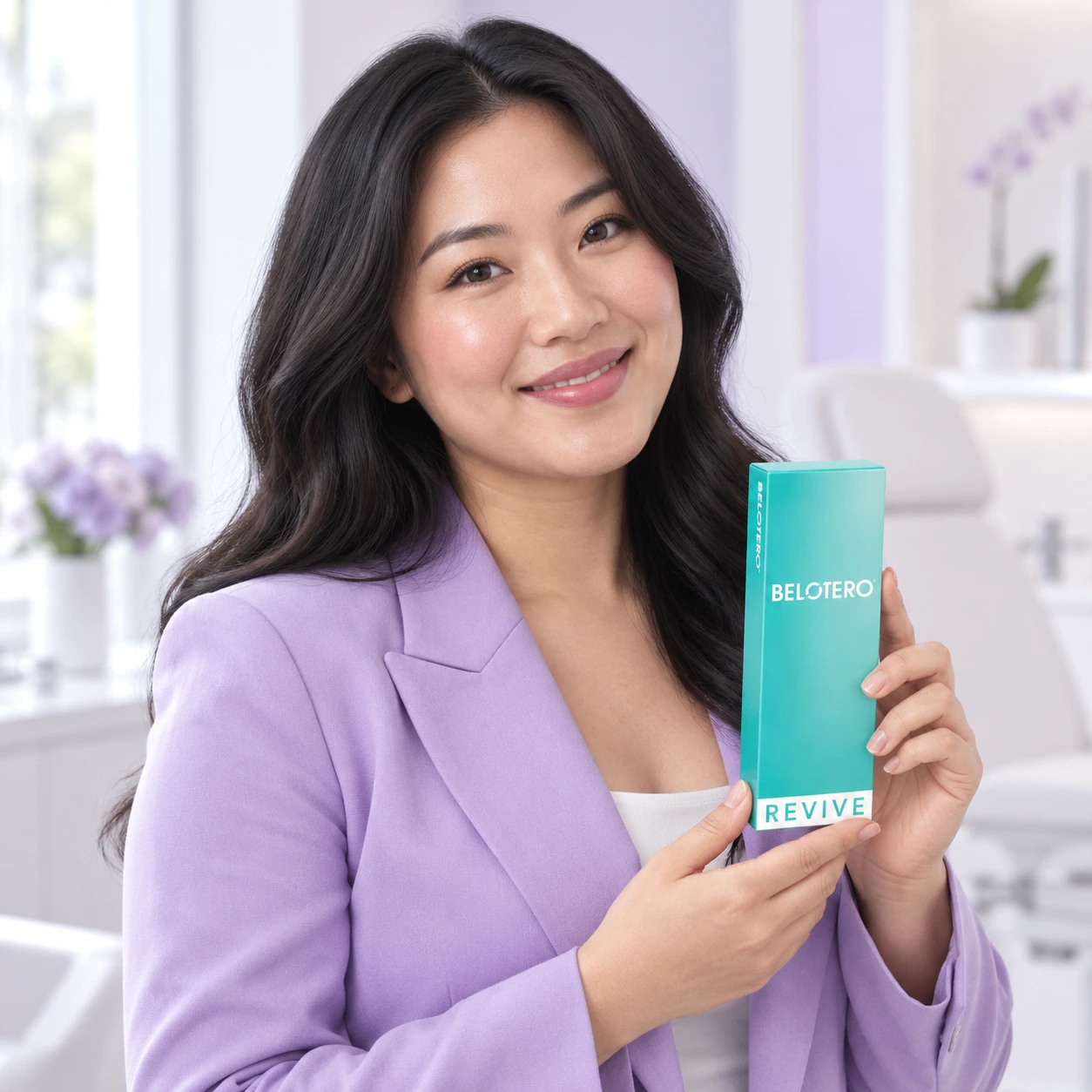 Model dewasa lain memegang pembungkusan Belotero Revive