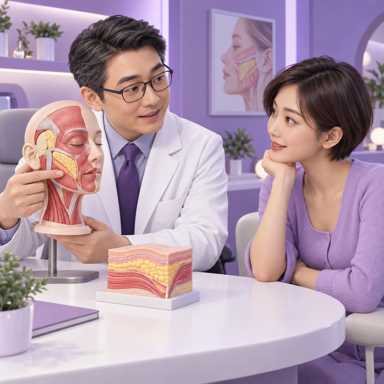 Kartun 3D pesakit dewasa dan doktor mempelajari Profhilo Structura