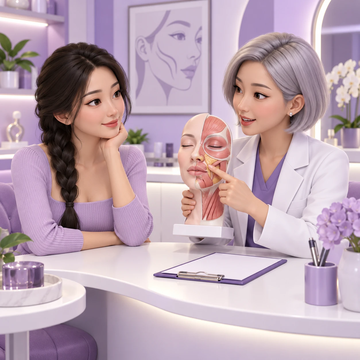 成年患者與醫生瞭解Belotero Balance的三維卡通圖