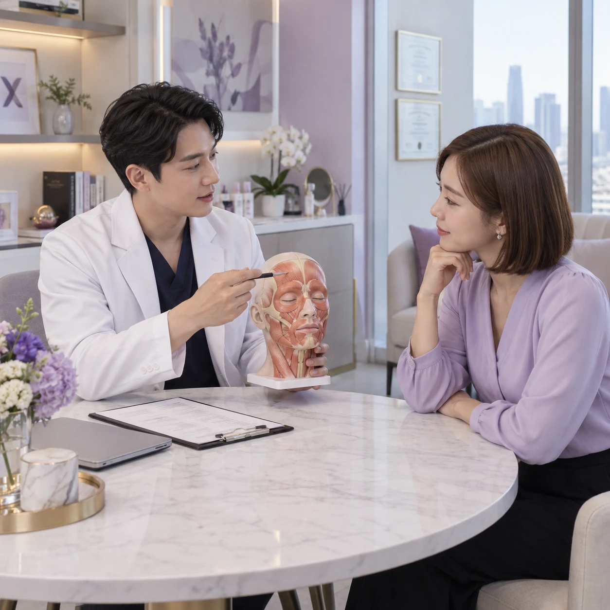 Adult patient discussing Dysport consultation and follow-up at Eco Botanic