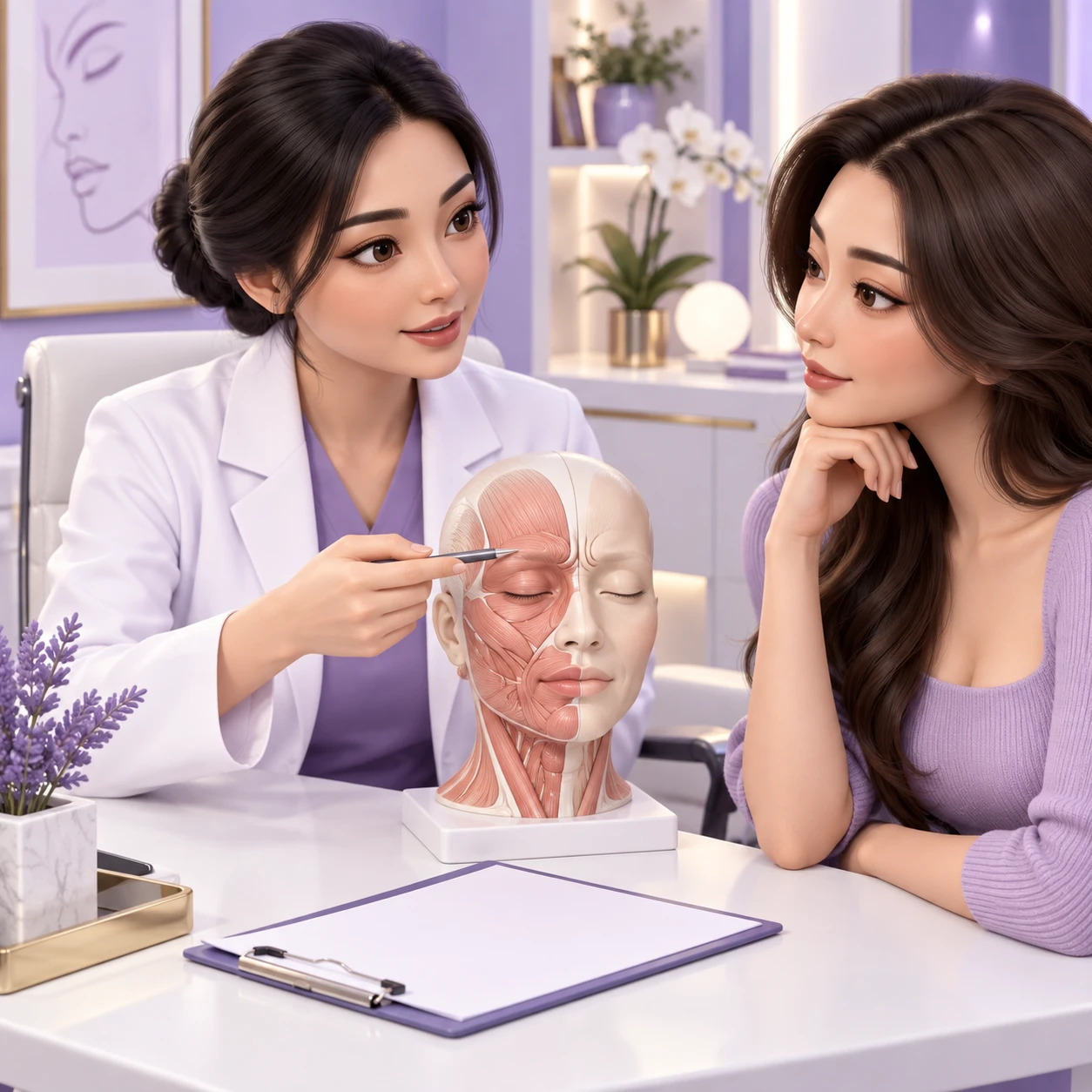 3D cartoon of an adult patient and clinician learning about Dysport