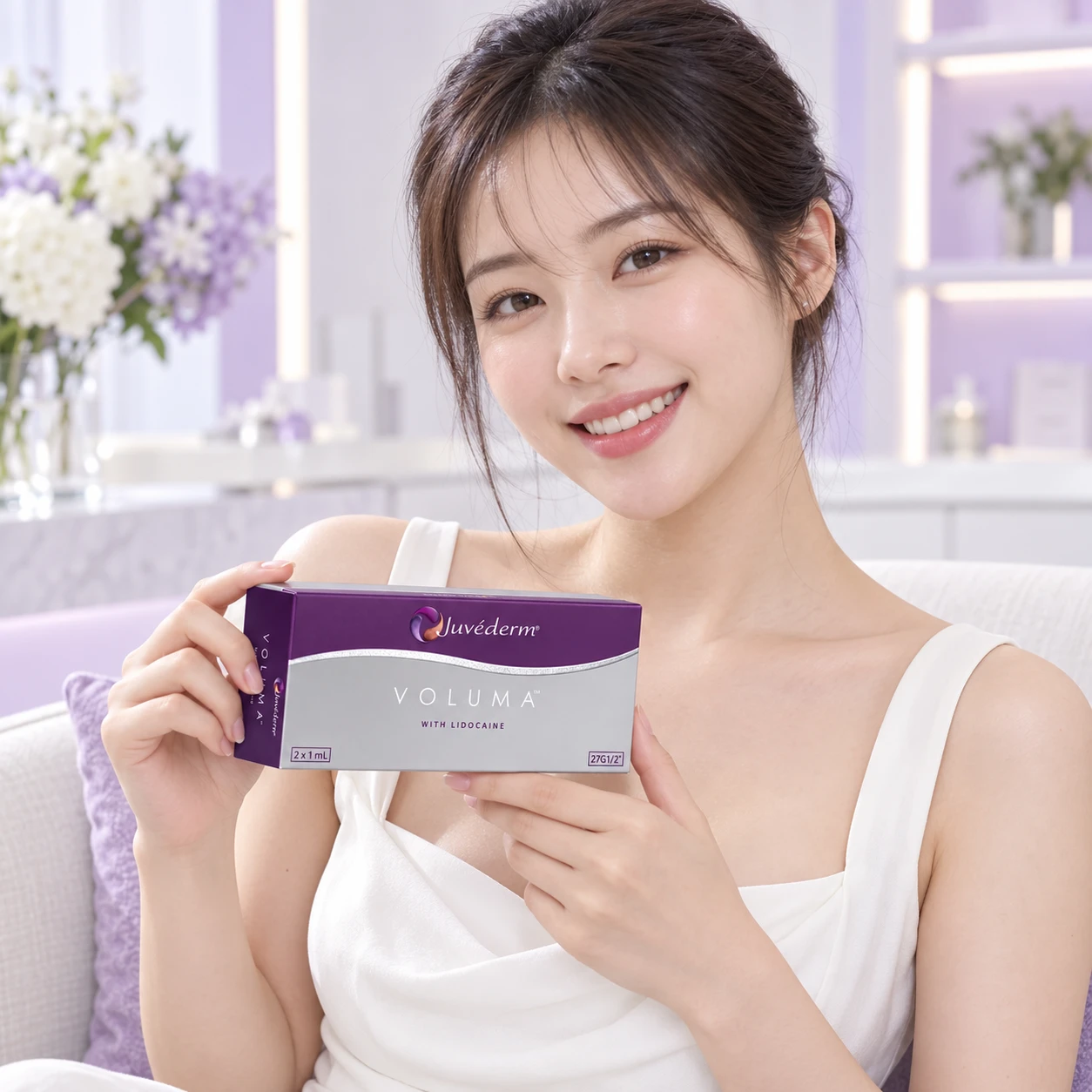 另一位成年模特手持 Juvéderm 產品
