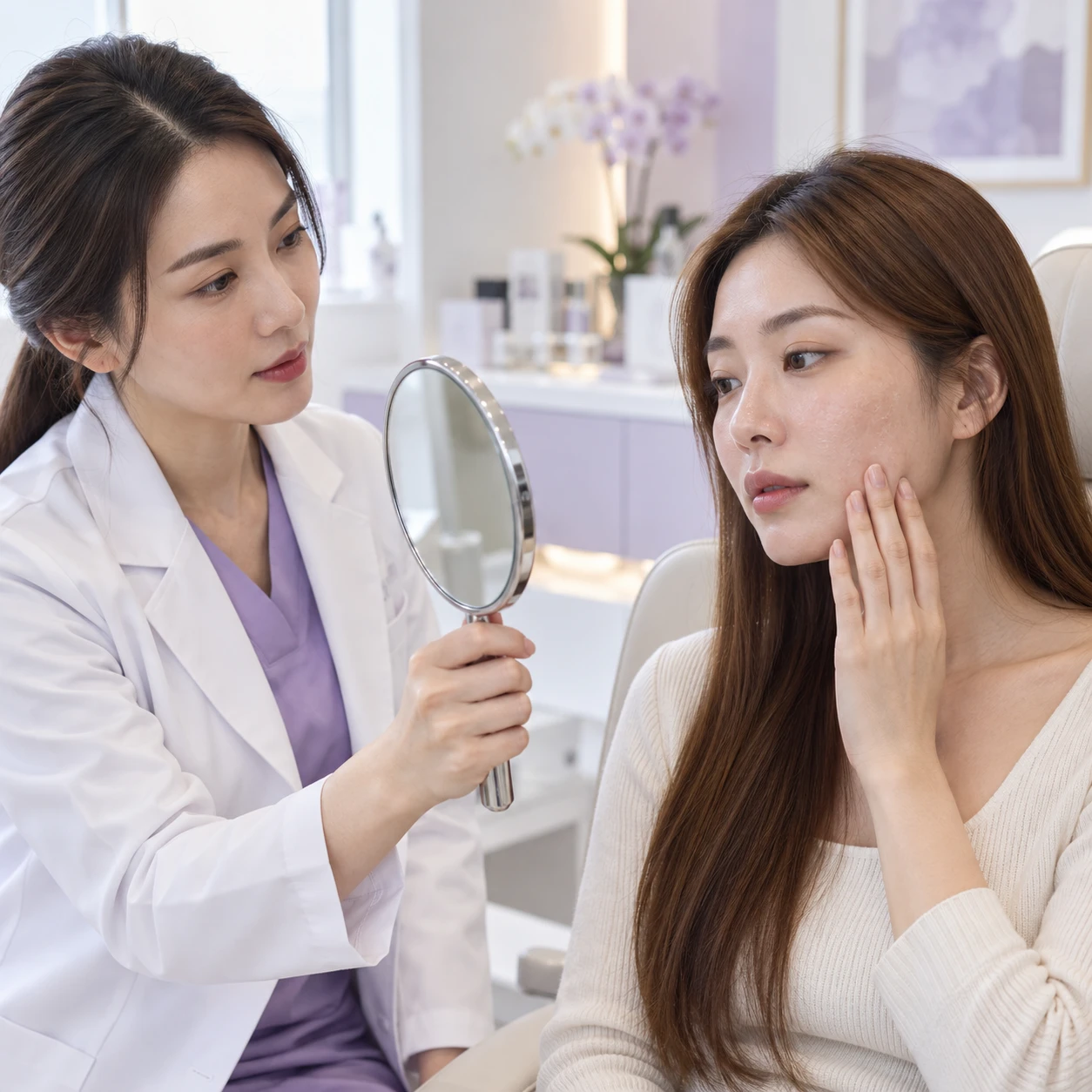 Clinician discussing Plenhyage and an adult patient’s skin texture