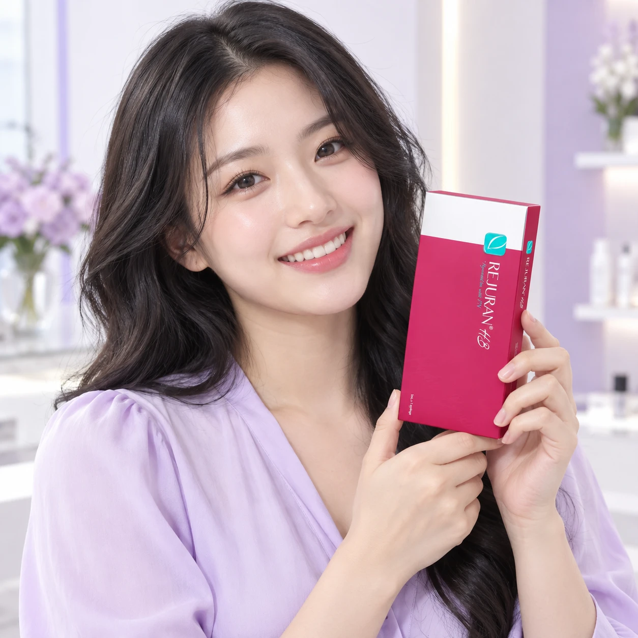 Adult model presenting Rejuran HB Plus product