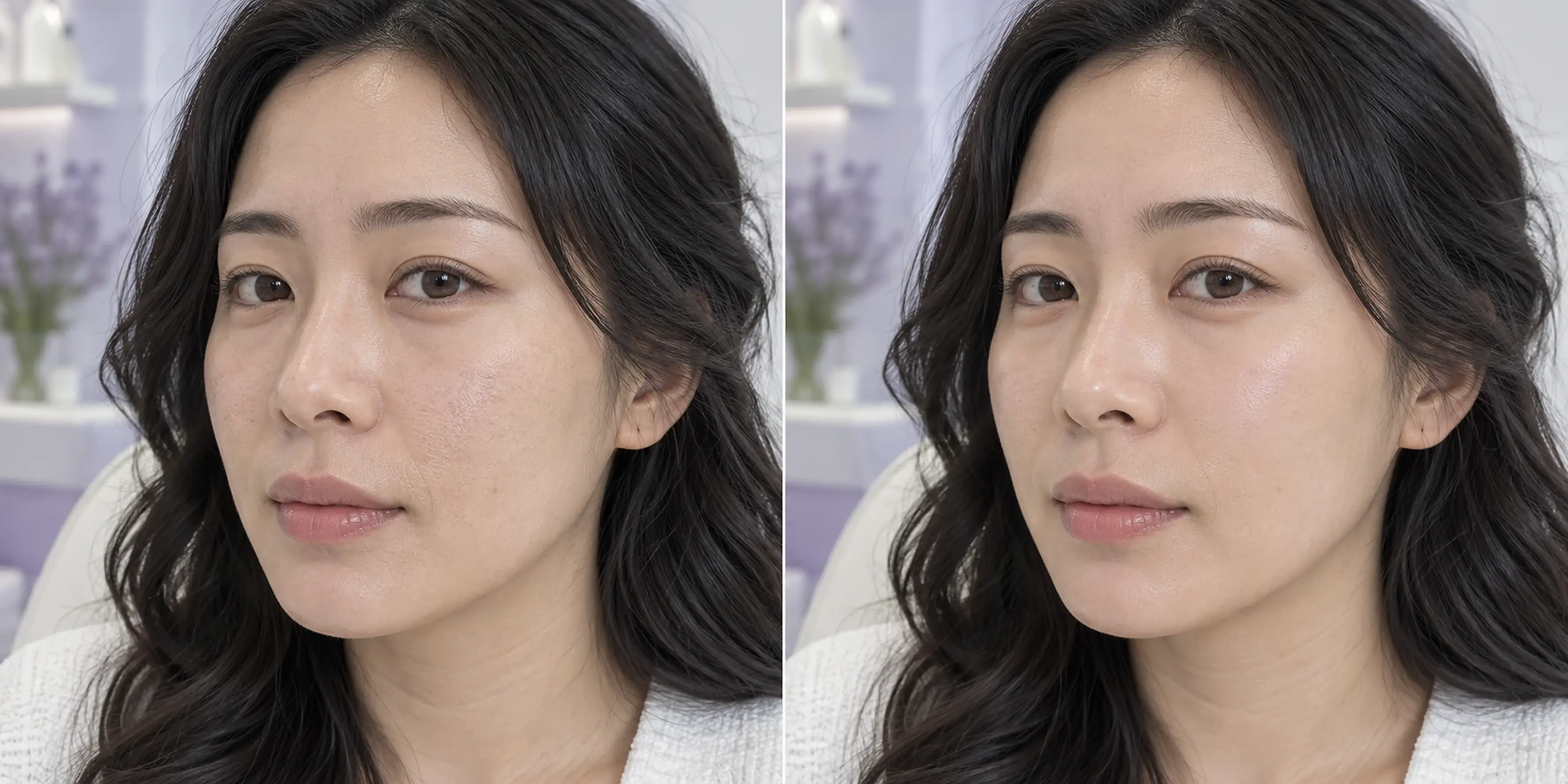 Simulated subtle skin texture change in an adult face