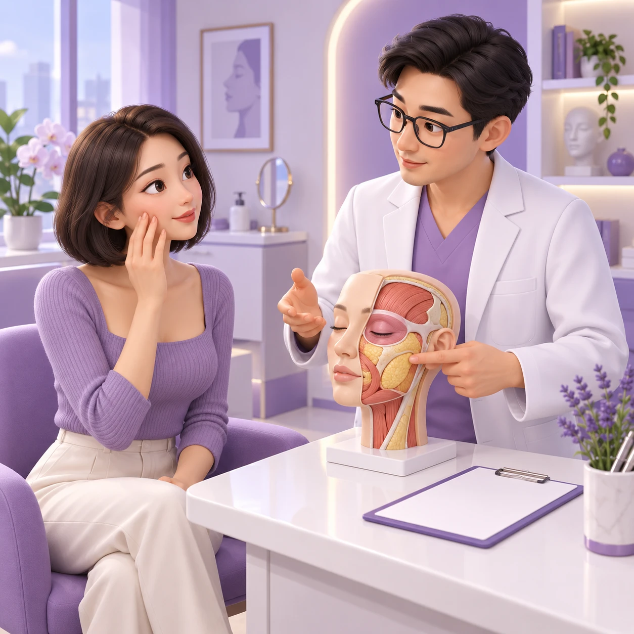 3D cartoon of an adult patient and clinician learning about Restylane Filler