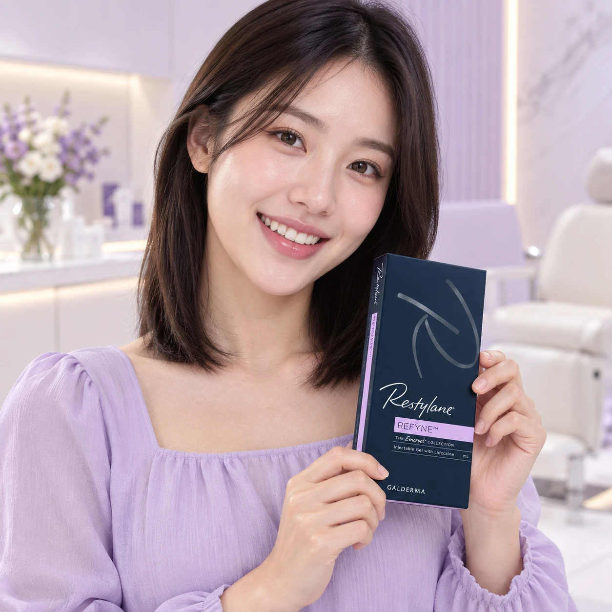 Adult model presenting Restylane Filler product