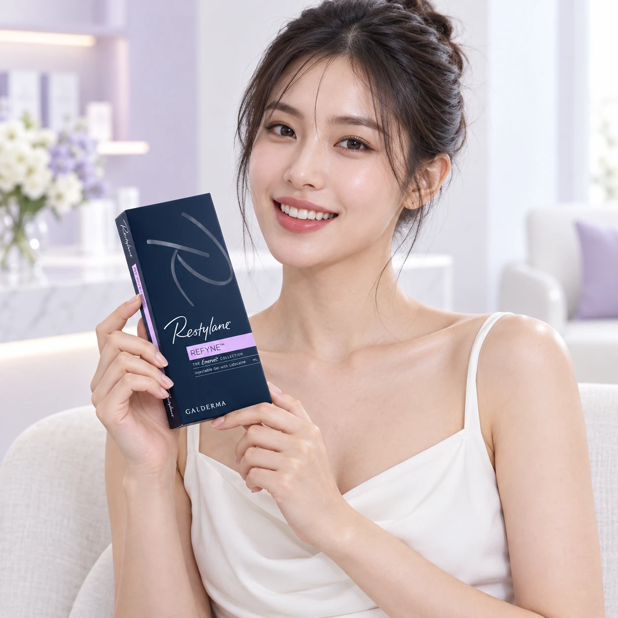 A different adult model holding Restylane Filler product