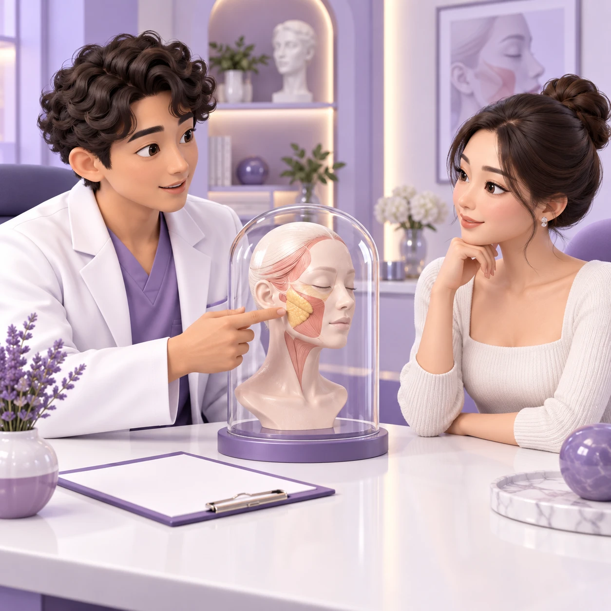 Kartun 3D pesakit dewasa dan doktor mempelajari Belotero Volume