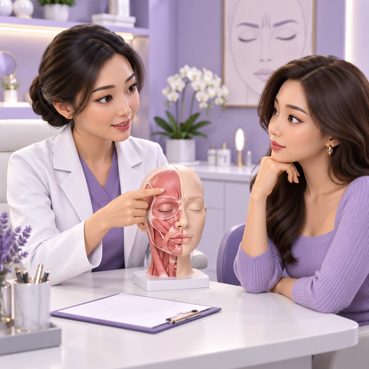 成人患者與臨床人員學習 Xeomin 的 3D 卡通圖