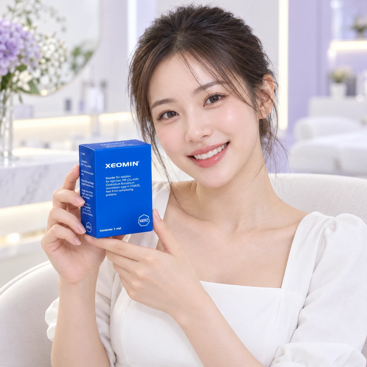 另一位成人模特手持 Xeomin 產品