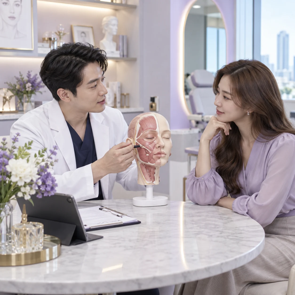 Pesakit dewasa membincangkan konsultasi dan susulan Belotero Intense di Eco Botanic