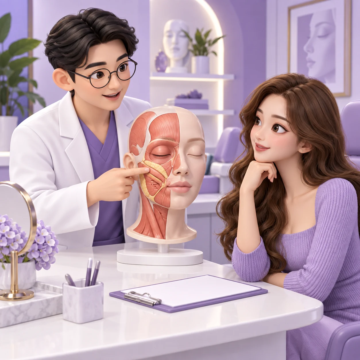 Kartun 3D pesakit dewasa dan doktor mempelajari Belotero Intense