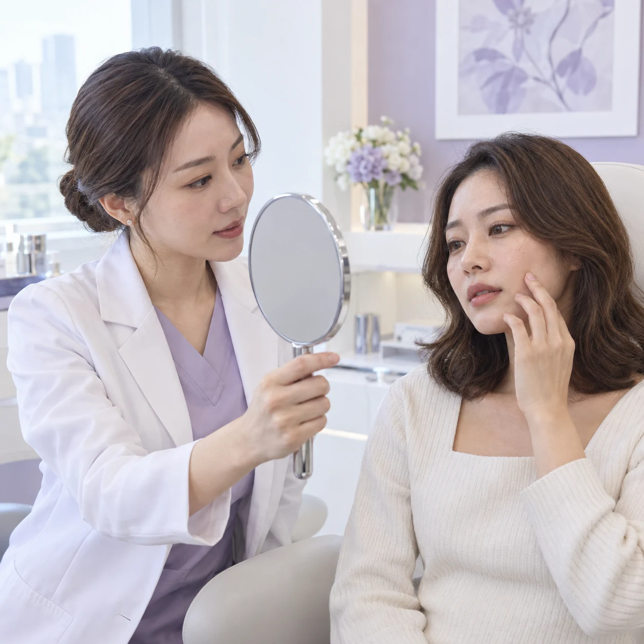 醫生與成年患者討論 Karisma Rh Collagen 及皮膚紋理