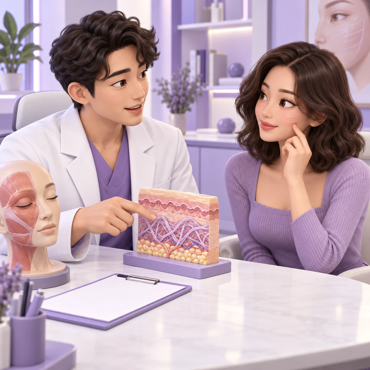 成年患者與醫生了解 Karisma Rh Collagen 的三維卡通圖