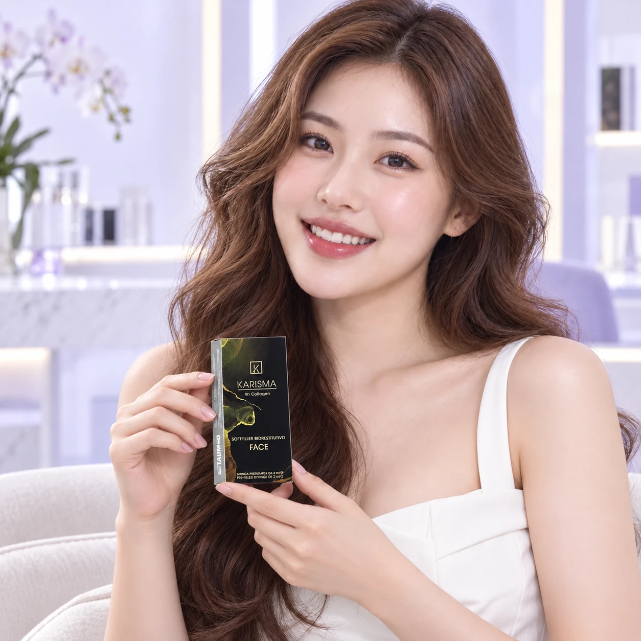 另一成年模特手持 Karisma Rh Collagen 產品