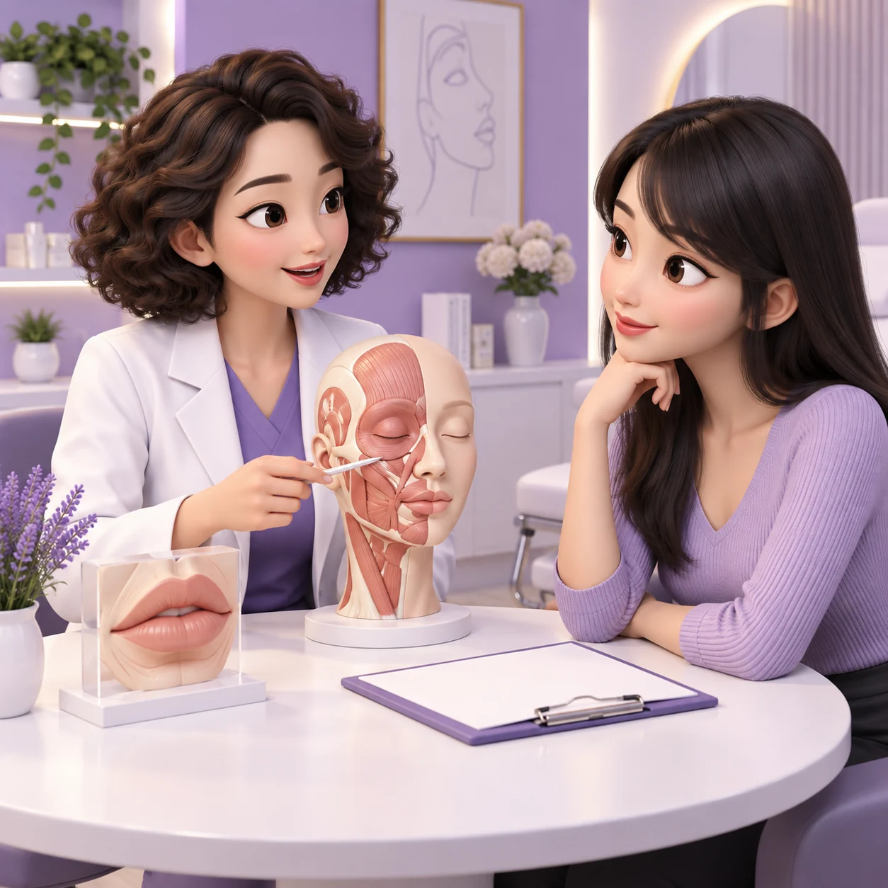 Ilustrasi 3D pelanggan dewasa dan doktor mempelajari Croma Saypha Filler