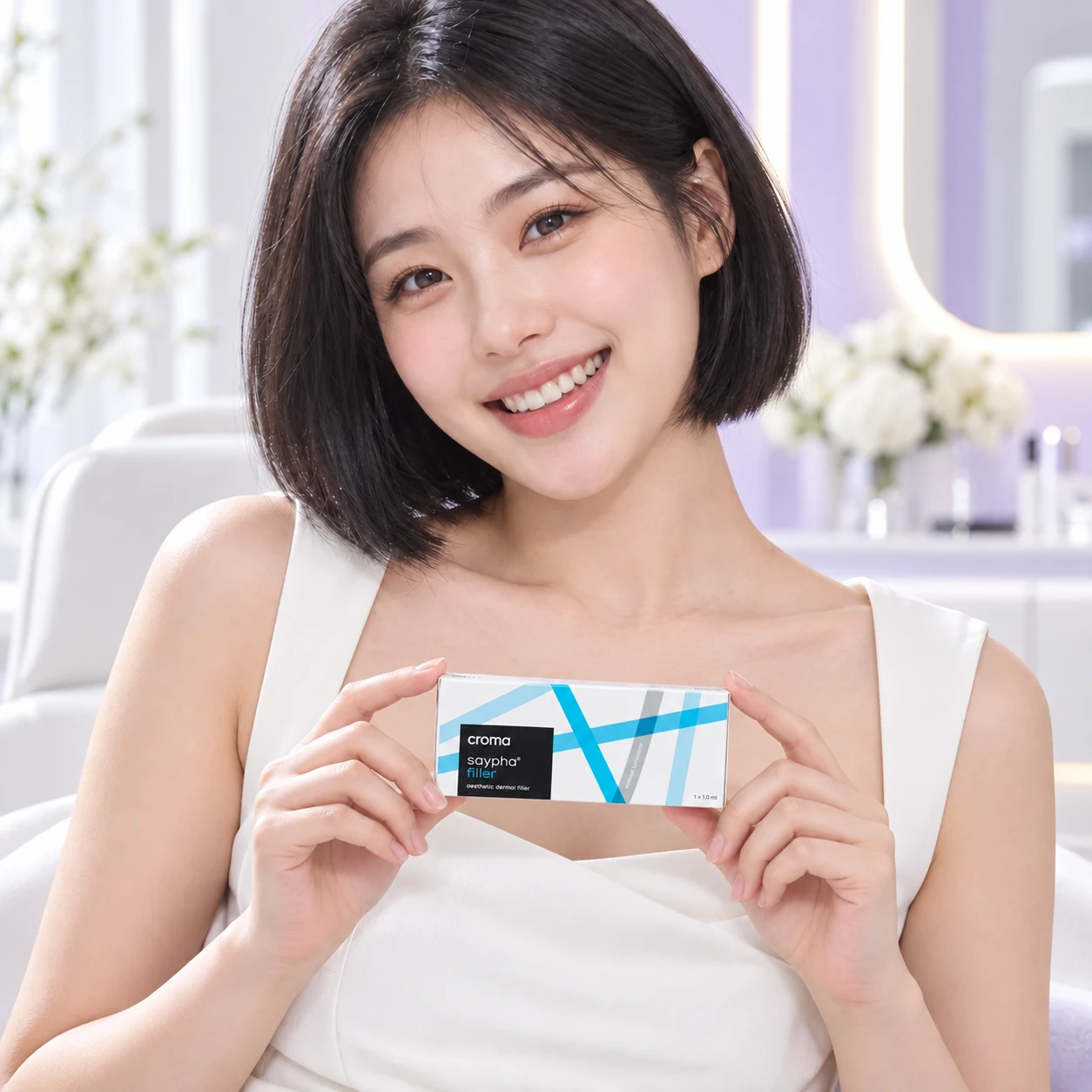 Model dewasa lain memegang produk pengisi Croma Saypha