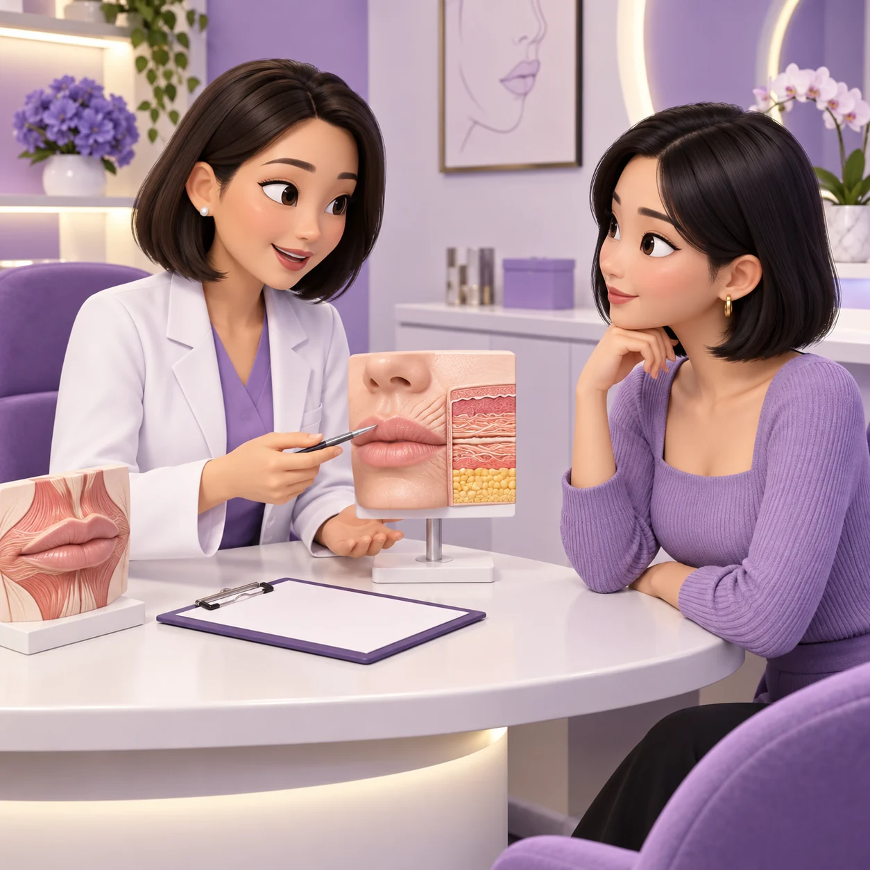 成年患者与医生了解Belotero Soft的三维卡通图