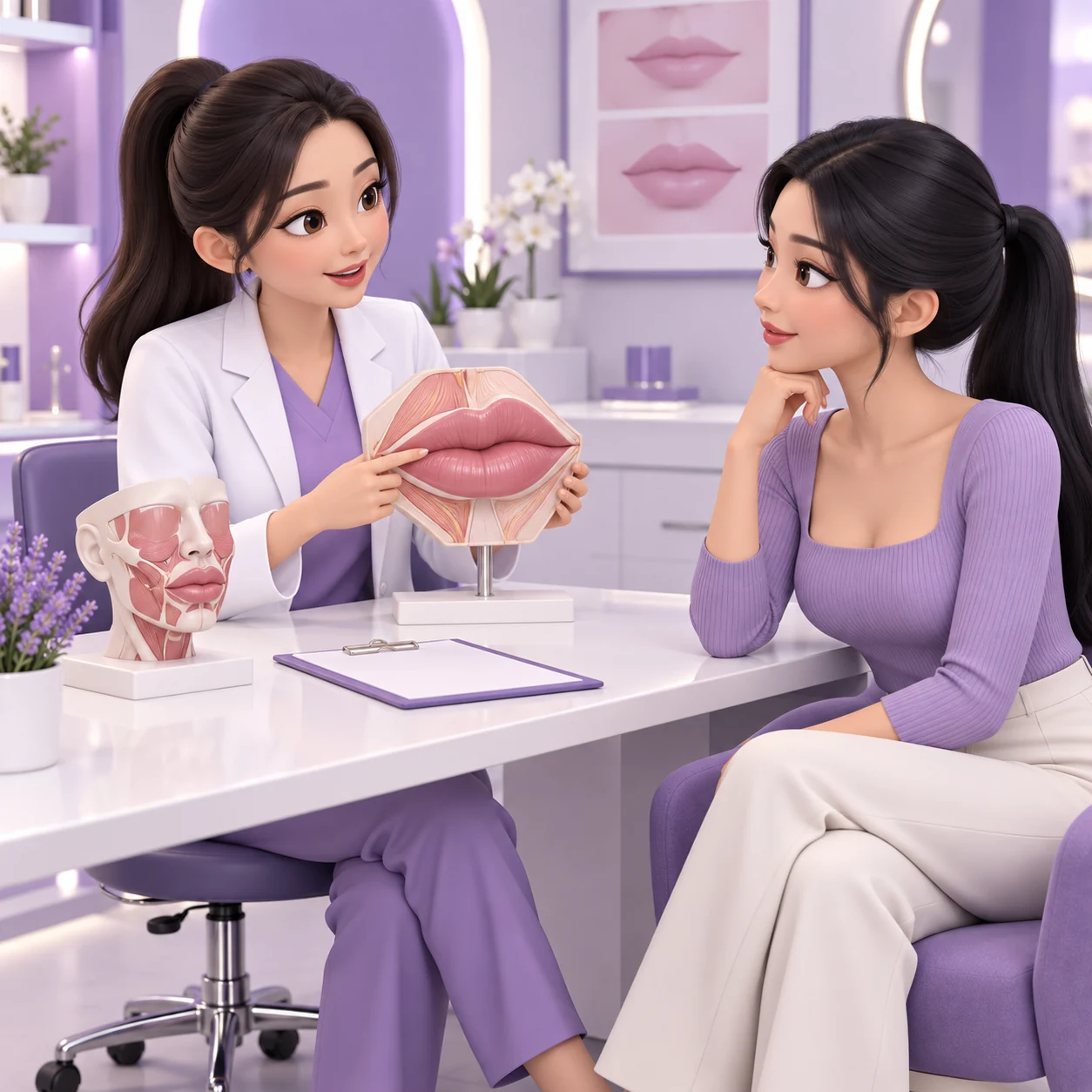 成年患者與臨床人員學習 Juvéderm Volbella 知識的 3D 卡通圖