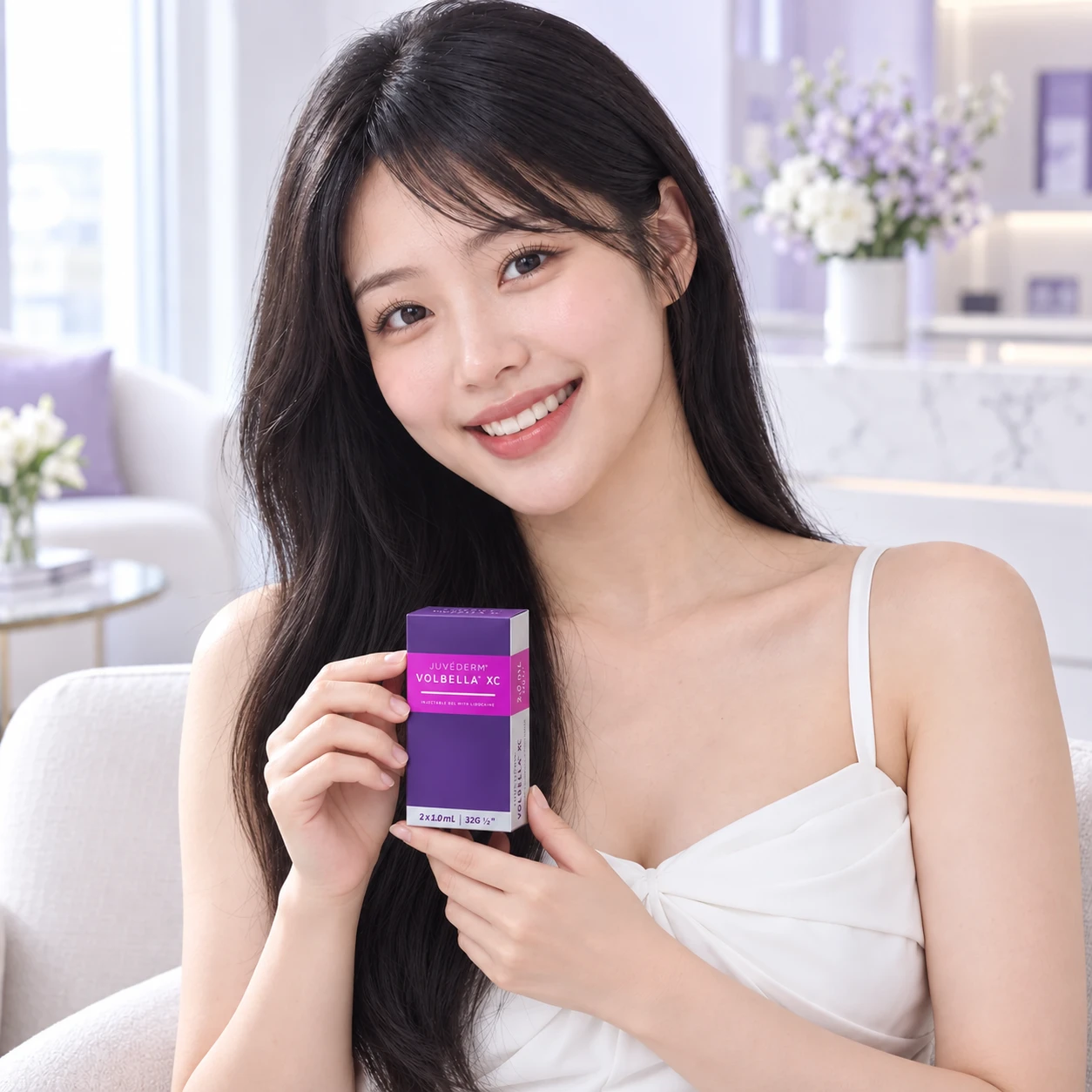 另一位成年模特手持 Juvéderm Volbella 產品