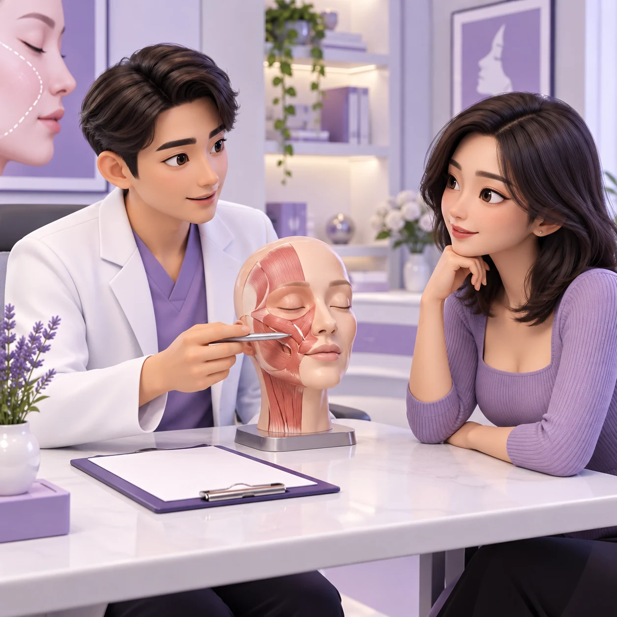 成年患者與臨床人員學習 Juvéderm Volift 知識的 3D 卡通圖