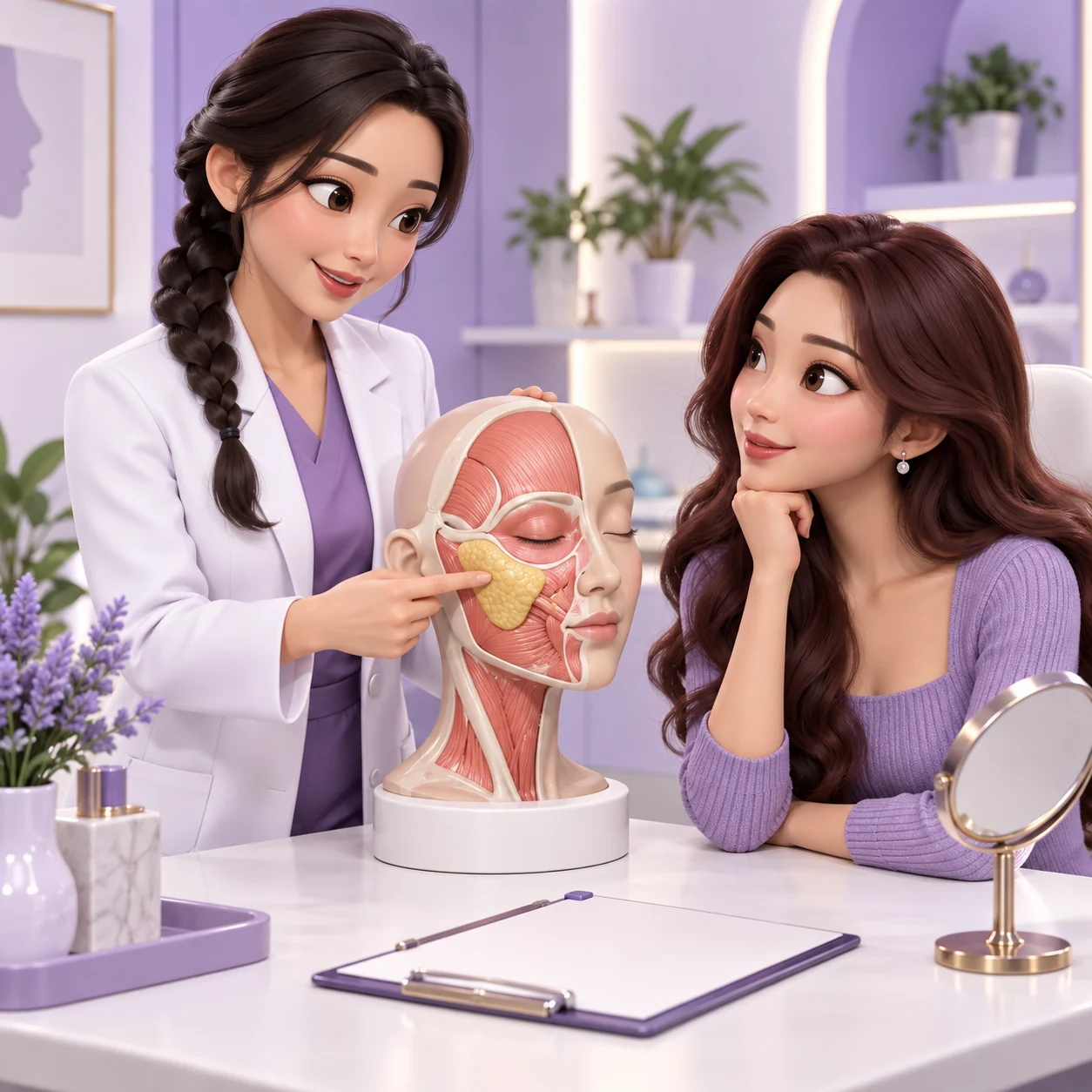 成年患者與臨床人員學習 Juvéderm Voluma 知識的 3D 卡通圖